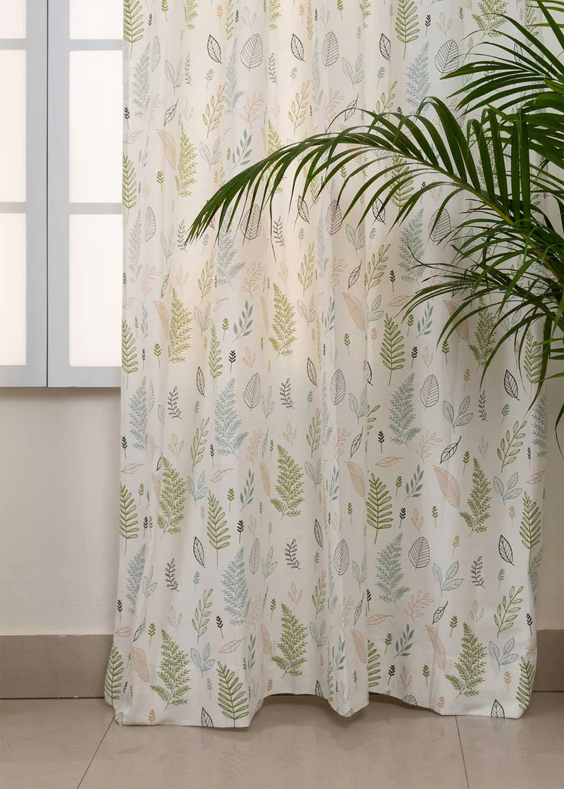 Rustling Leaves Green 100% cotton floral curtain for bed room - Light Reduction - Single Piece